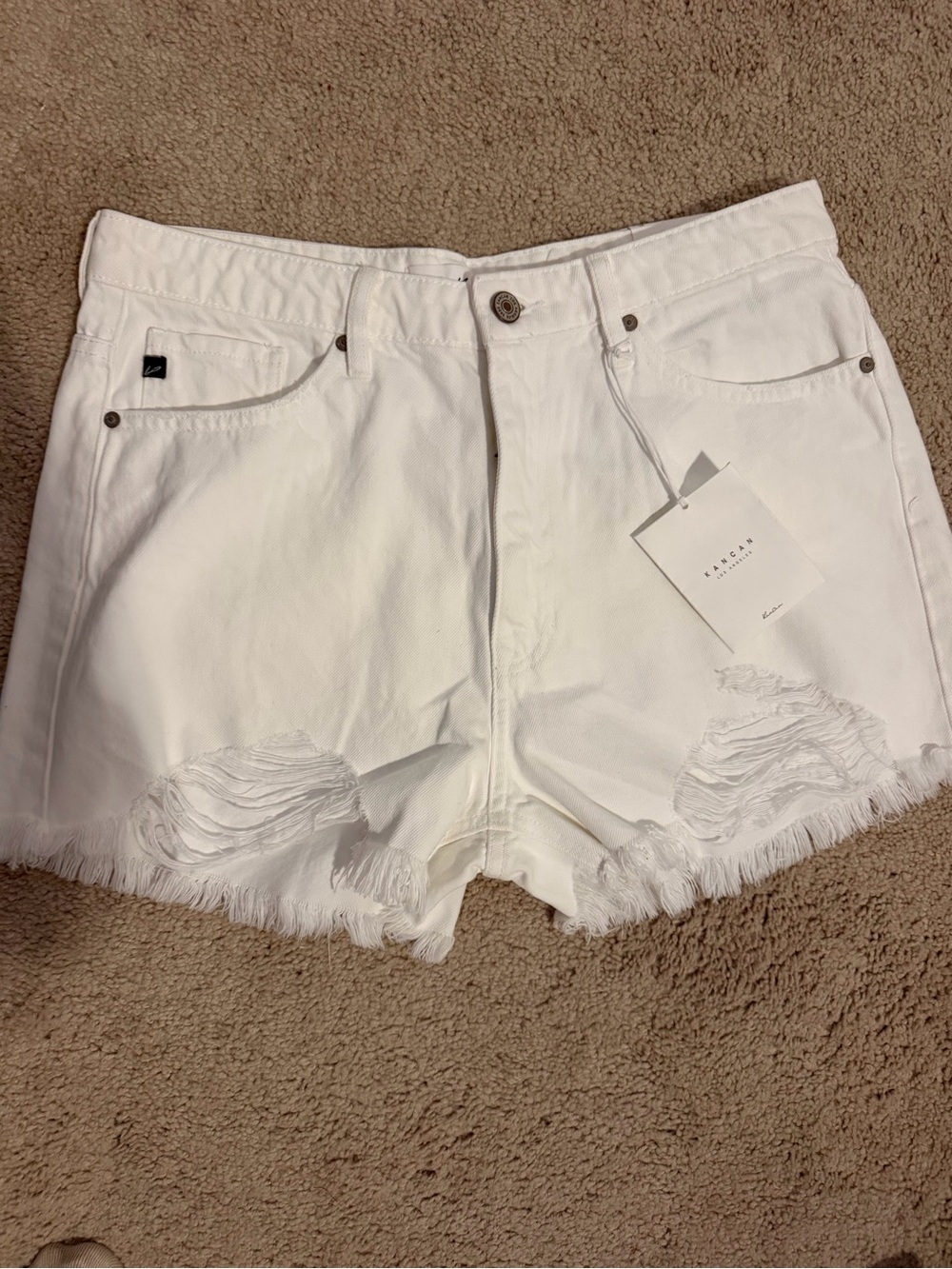 Kancan White Frayed Hem Distressed Denim Shorts